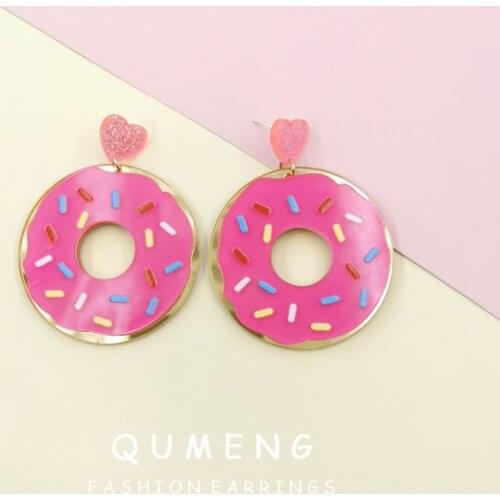 QUMENG New Quality Glitter Heart Lovely Hot Pink Donut Mirror Acrylic Drop Earrings Cute Rainbow Girls Party Jewelry Gift