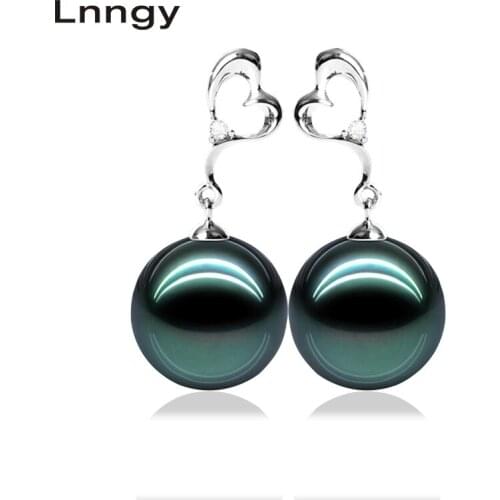 Lnngy Luxury Women 925 Sterling Silver Earring Heart Shaped Love Earrings Natural Tahiti Pearl 9mm Round Pearl Drop Earring gift