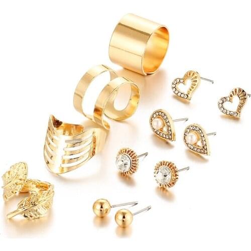 Fashion 8 Pcs/ Set New Gold Crystal Heart Earrings for Women Color Water Drop Leaf Rings Engagement Jewelry Sets