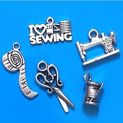 MIXED 30pcs Antique Silver Plated Sewing Charm Collection Spool of Thread Sew Sewing Machine Scissors Tape Measure DIY Pendants