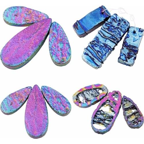 SUNYIK Titanium Coated Crystal Loose Bead for Jewelry,Druzy Quartz Teardrop/Rectangle Bead Pendant Jewelry Crafts ,3Pcs/Set