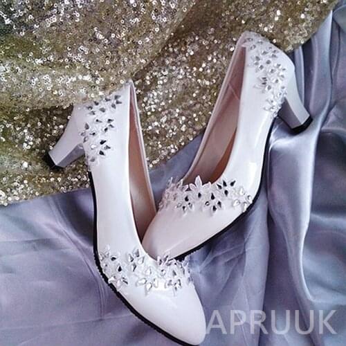 PLUS SIZE 34-42 wedding shoes bride handmade luxury silver shinny crystal rhinestones bridal ladies party middle heel pumps
