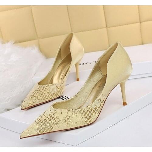 BIGTREE Spring Women Shoes Floral Pumps D'Orsay & Two-Piece TOTEM Pointed Toe Thin Heels Casual Fashion Champagne Size 34-43