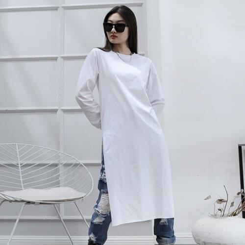 Womens spring and Autumn new slim over the knee length section under the fork round collar long sleeve T-shirt