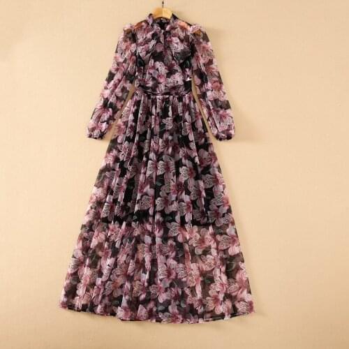Europe and the United States womens clothing The new 2021 Long sleeve bow collar Fashion pleated dress in lily print