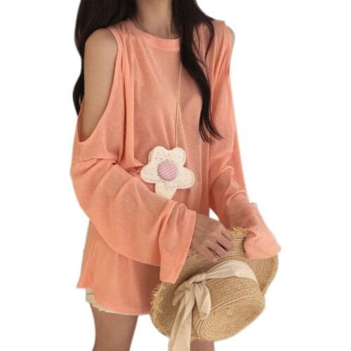 Women Sexy Round Collar Off-shoulder Tshirt Slim Solid Color Summer Long Sleeve Tee Shirt Tops