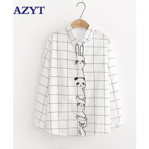 AZYT 2021 Autumn New Women White Shirt Cute Cartoon Embroidery Loose Women Blouses Casual Turn Down Collar Blusas Femme Tops