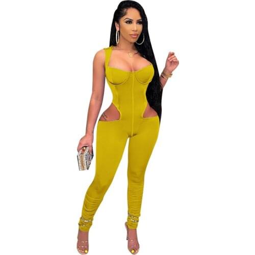 2021 INS New Summer Leisure Women Fashion Street Slim Sexy Sleeveless With Solid Color Hollowout Long Jumpsuit