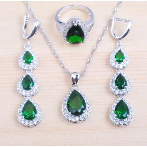 Dubai StylWater Drop Blue Zirconia Womens Wedding Silver Color Jewelry Sets Earring And Necklace Sets Pendant Rings QZ0180