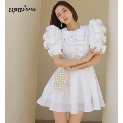 Free Shipping Sweet Beauty Dress Butterfly Dress 2021 New Summer O-Neck Hollow Puff Sleeve A Line Pleated Dress Party Vestidos