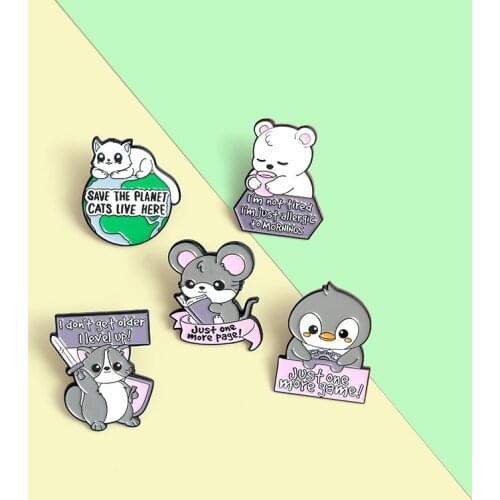 Animals Quotes Enamel Pins Custom Cat Rat Penguin Raccoon Bear Brooches Shirt Lapel Badge Bag Funny Cute Jewelry Gift for Kids