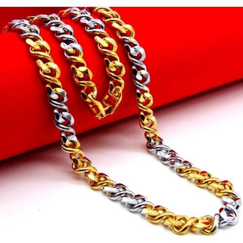 8 Words Shaped Curb Link Chain Necklace Yellow Gold Filled Trendy 2 Tone Mens Necklace Chain 22 Inches