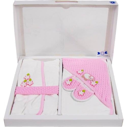 Newborn baby bathrobe set %100 cotton 4 pcs Pink girl baby bathroom set bathrobe bath towel slippers bath bladder made in turkey