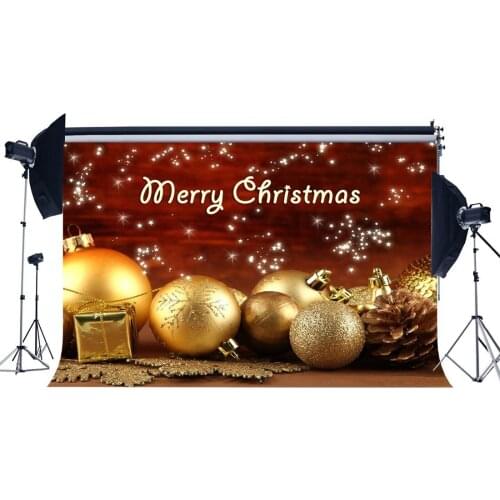 Photography Backdrop Merry Christmas Gifts Golden Balls Snowflakes Pine Nuts Shining Stars Xmas Happy New Year Background