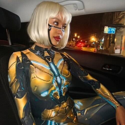 Robot Halloween Skeleton Cosplay Costumes Sexy Slim Jumpsuit for Women Halloween Carnival Future Technology Steampunk Bodysuit