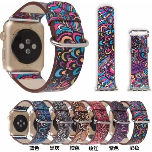 Leather Strap for Apple Watch band se/38/42 40mm 44mm Series 1/2/3/4/5/6 Flower Prints Vintage Floral National Folk Style