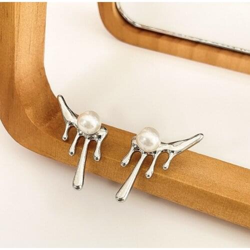 Fashion Unique Creatvie Coagulation Droplet Pearl Ring For Women Silver Color Stud Earrings Trendy Fine Jewelry