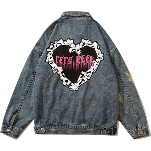 Retro Distressed Frayed Men Denim Jacket Streetwear Hip Hop Sweet Love Printed Denim Outwear Men Washed Hole Jackets Coat Women