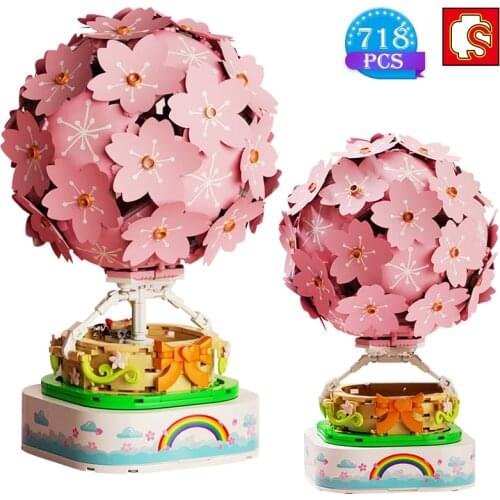 SEMBO Creation Diy Sakura Music Box Building Blocks Kit Hot Air Balloon with Lights Bricks Educational Children Toys Girl Gifts