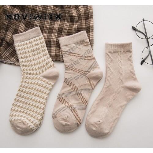 Happy Houndstooth Women Cotton Socks ladies kawaii Striped Needle Harajuku female warm Sock Womens Fashion Funny Gifts Funky sox
