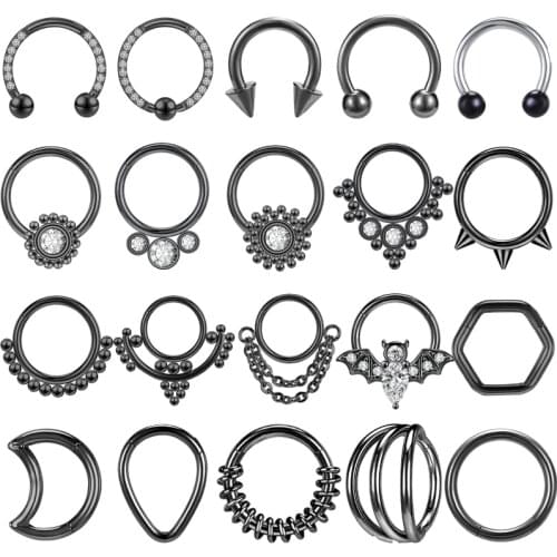 ZS 1PC 16g Black Plated 316L Stainless Steel Nose Ring Punk Rock Bat Spike Septum Nose Clicker 8MM Ear Helix Cartilage Piercings