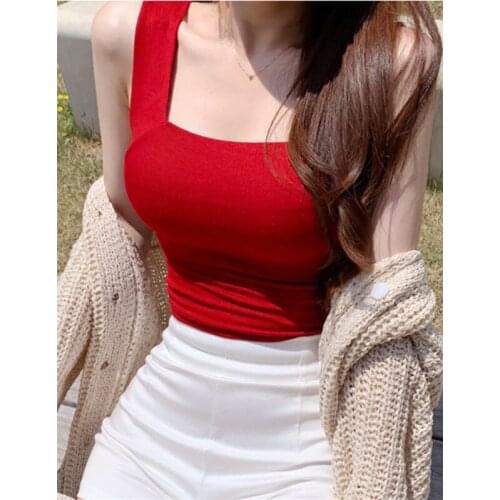 2021 new fashion slim solid color sexy square neck tight-fitting short halter camisole top for ladies