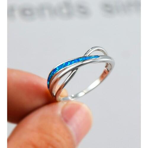 New Fashion Simple Silver Plated Hollow Cross Thin Ring Imitation Blue Opal Anniversary Gift Jewelry Womens Wedding Band Gift