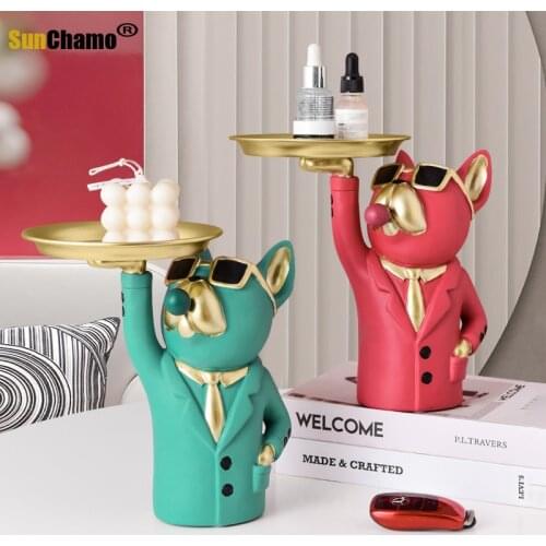 Luxury French Bulldog Resin Decorative Tray Nordic Style Home Decor Storage Ornaments Living Room Decoration Snack Fruit Plate