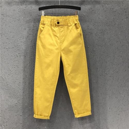 S-3XL Plus Size Yellow White Jean Femme Elastic High Waist Summer Women Harem Pants Mom Jeans Casual Cotton Denim Pants C7362