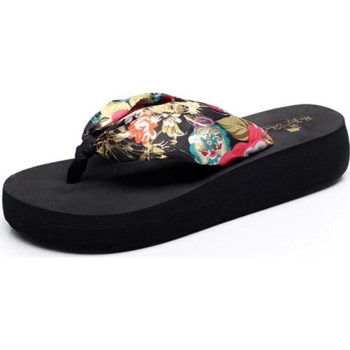 Summer Womens Shoes Ethnic Style Sandals Fashion Wedge Heels Casual Thick-Soled Anti-Slip Flip Flops Satin Mid-Heel Slippers