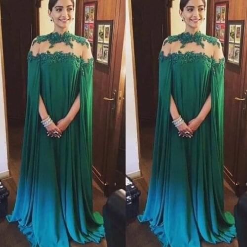 Modern Saudi Arabic Classic Green Prom Party Dresses High Neck Chiffon Lace Wedding Guest Gowns Illusion Back Beads 2021 On Sale