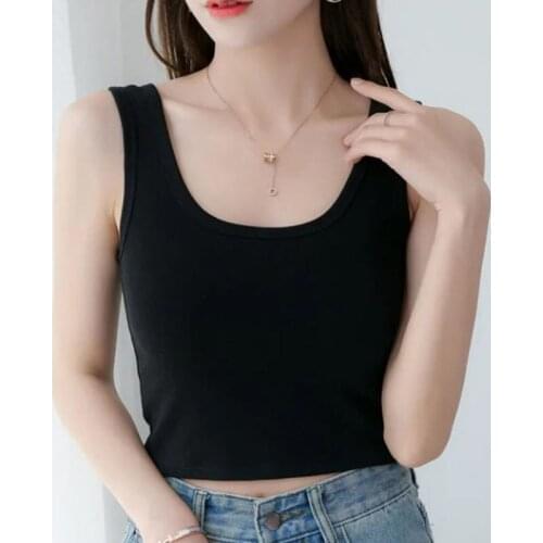Summer Slim Render Short Top Sexy Women Sleeveless Camisole U Crop tops Tank Tops Solid Black White Casual Off Shoulder Tees