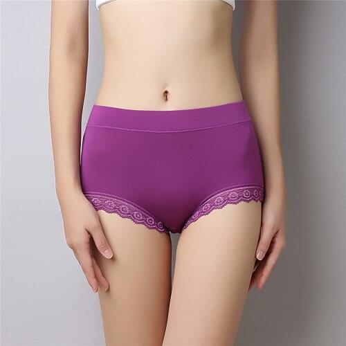 Womens Large Size Soft Panties Middle High Waist Breathable Solid Modal Lace Briefs Elastic Mid-high Waist Panties