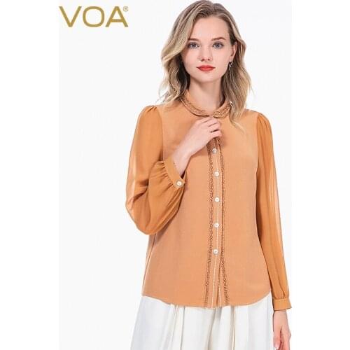 VOA 41m/m silk-yellow business collar embroidered see-through bubble long-sleeved shirt on silk wood ears BE176
