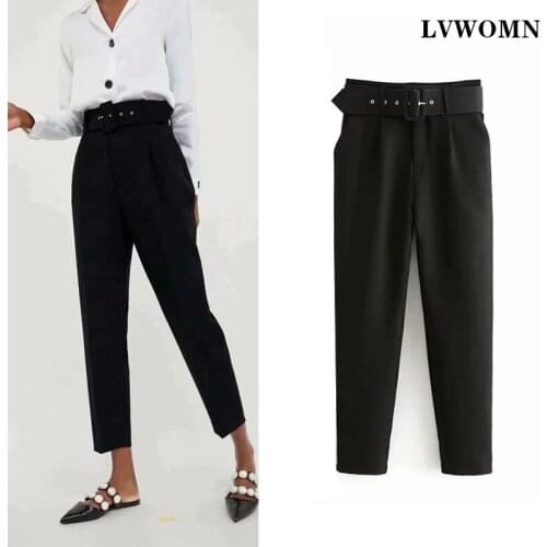 LVWOMN Za Women Pants 2021 Elegant Office Lady High Waist Straight Pants Chic Belt Casual Fashion Side Pockets Women Trousers
