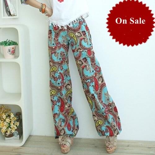 Clearance On Sale Low Price National wind lantern trousers retro printing Bohemian dance wide leg women pants