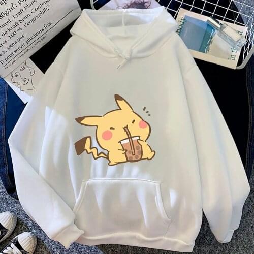 Pokemon Women Hoodies Anime Kawaii Pikachu Drink Milk Tea Cartoon Casual Clothes Warm Femme Maiden Pullovers Hooded Sweatshirt