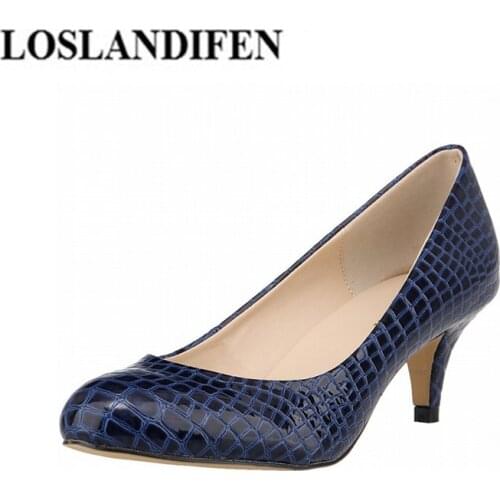 LOSLANDIFEN Shoes Women Pumps Crocodile Patent Leather Med Heels Women Shoes Round Toe 6CM Thin Heels Office Lady Work Shoes 42