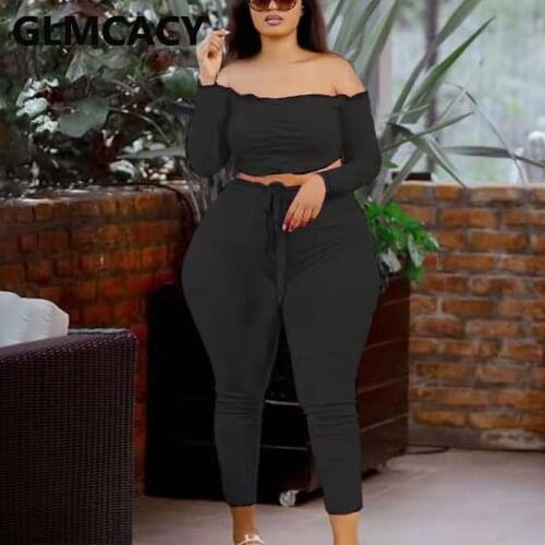 Plus Size Women Two Piece Suits Long Sleeve Off Shoulder Crop Top & Slim Pants Set
