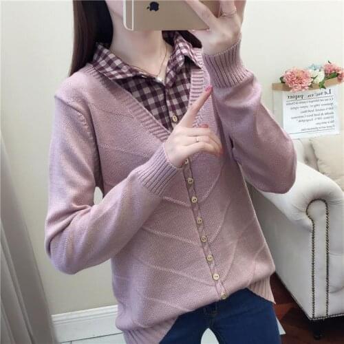 2021 Spring Autumn Women Knitted Sweater Elegant Jumper Female Long Sleeve Fake Two Pullover Tops Lady Polyester Polo Shirt H95
