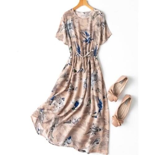 Womens 100% Silk luxury Fashion Heavy Long Dress Half Sleeve Elegant Round Neck Fashion Beige Flower One Size L1188