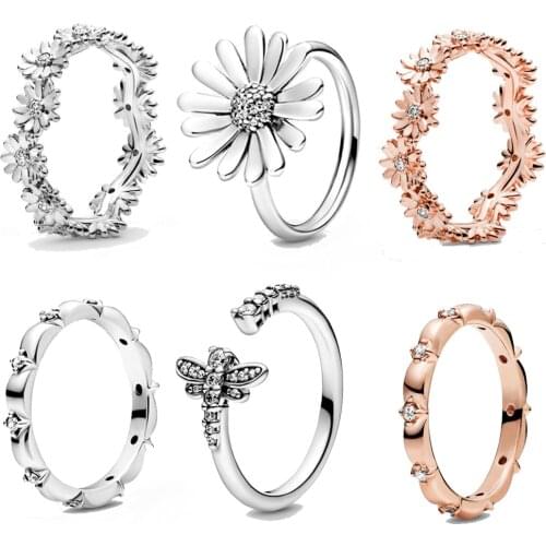 Recommend Spring Authentic 925 Sterling Silver Ring Sparkling Daisy Flower Crown Rings Women Engagement Jewelry