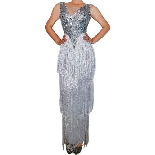 Sparkly Rhinestones Fringe Transparent Bodysuit Dance Birthday Celebrate Sleeveless Long Dress Outfit Women Singer