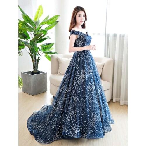 Shinning Evening Dresses Female 2019 New Long-style Annual Meeting Elegant Banquet Slim Dress Sexy V-neck a Line Evening Gowns