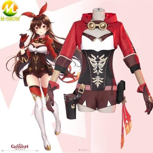 Game Genshin Impact Cosplay Amber Cosplay Costume Jumpsuit Headwear Halloween Fancy Suit for Adult Women Custom Made