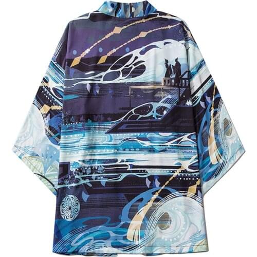 Japanese Style Blue Kimono Men Shirt Beach Blouse Yukata Haori Obi Samurai Asian Clothes Female Kimonos Cardigan Cosplay