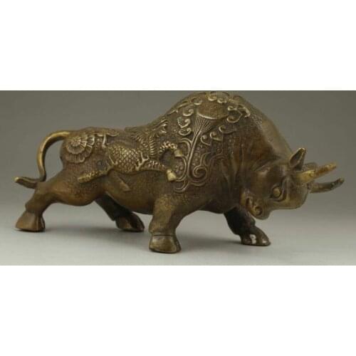 Chinese Old Brass Handwork Carving Bullfight Cow Wear Dragon Lotus Statue