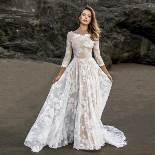 High Neck Champagne/Ivory Lace A-Line 3/4 Sleeves Beach Wedding Dress Elegant Bohemian Lace Open Back Bridal Gowns