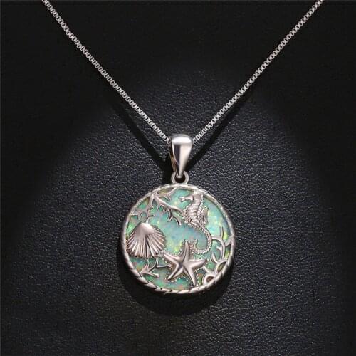 Cute Female Blue Round Opal Pendants Necklaces Charm Silver Color Wedding Necklaces For Women Boho Sea Star Shell Chain Necklace