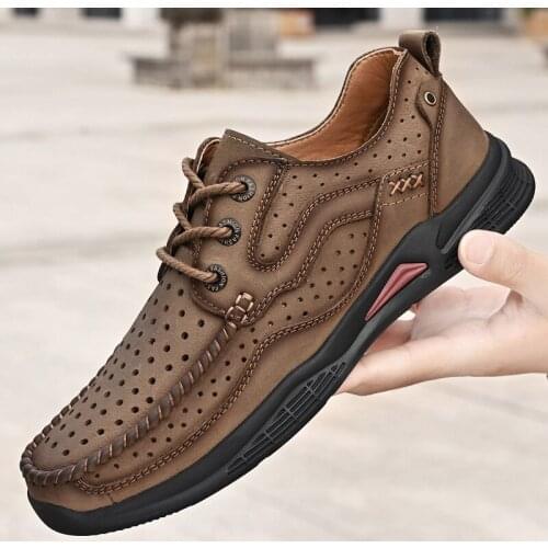 New Italian Men Shoes Casual Luxury Brand Summer Mens Loafers Genuine Leather Hollow Out Breathable Slip on Shoes High Quality